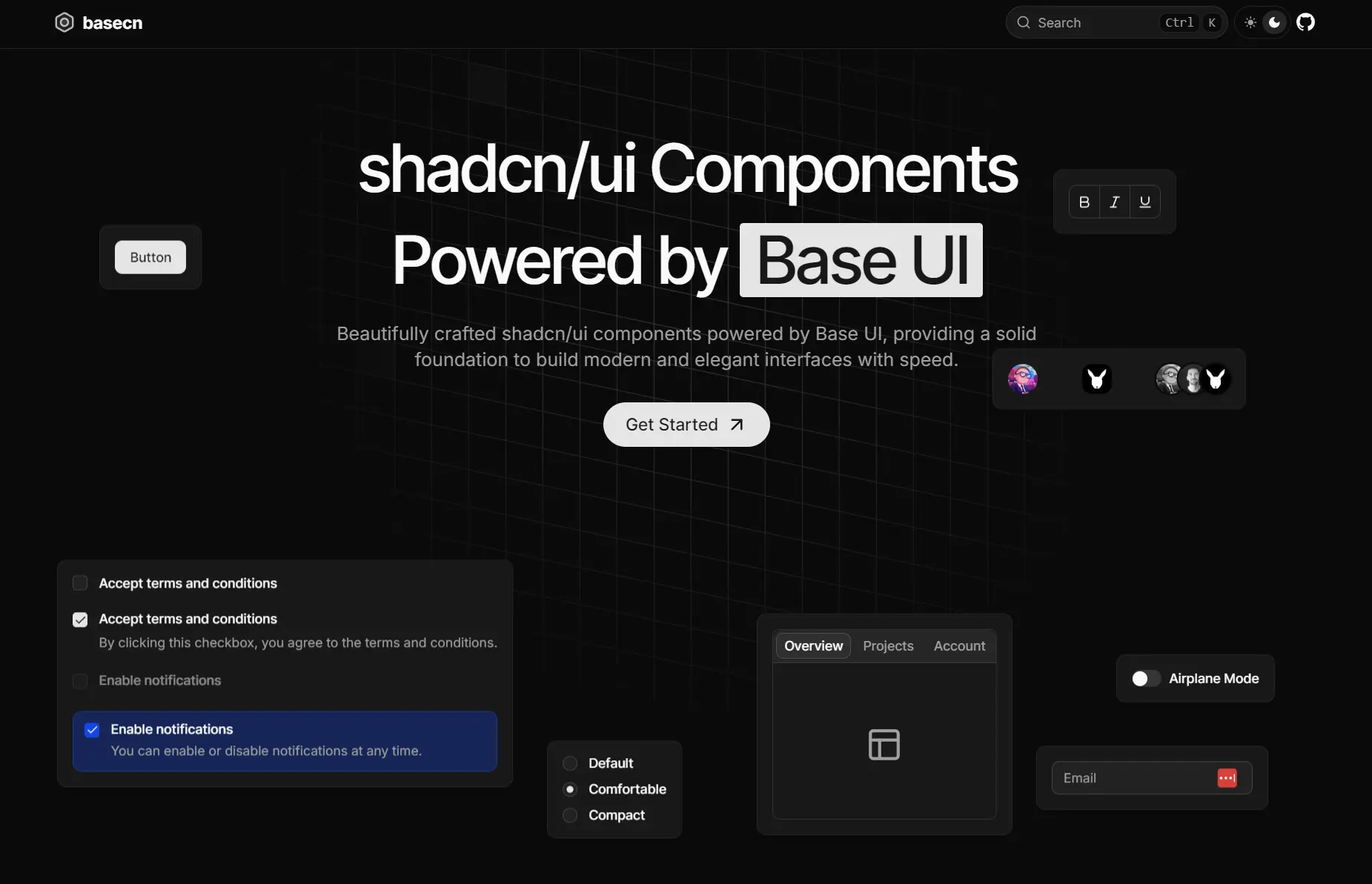 shadcn/ui components powered by Base UI