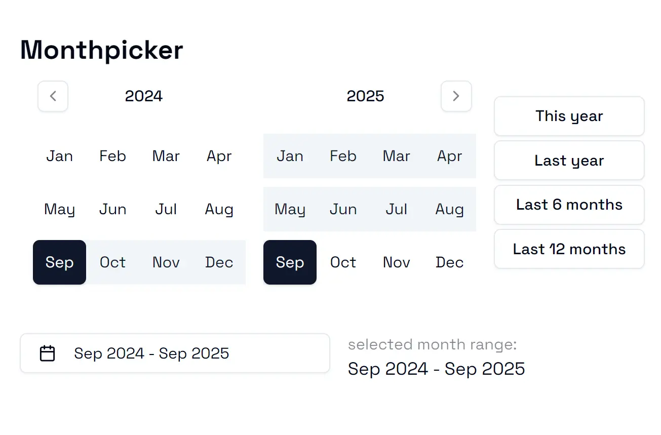 Customizable Month Picker & Month Range Picker for shadcn/ui.