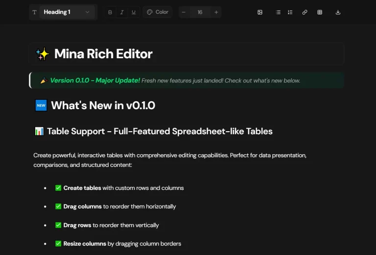 Block-Based Rich Text Editor with TailwindCSS and shadcn/ui – Mina Rich Editor