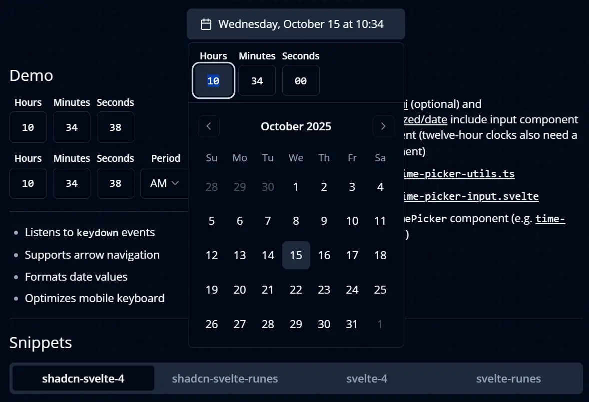 Svelte Time Picker with Keyboard Navigation and Mobile Support