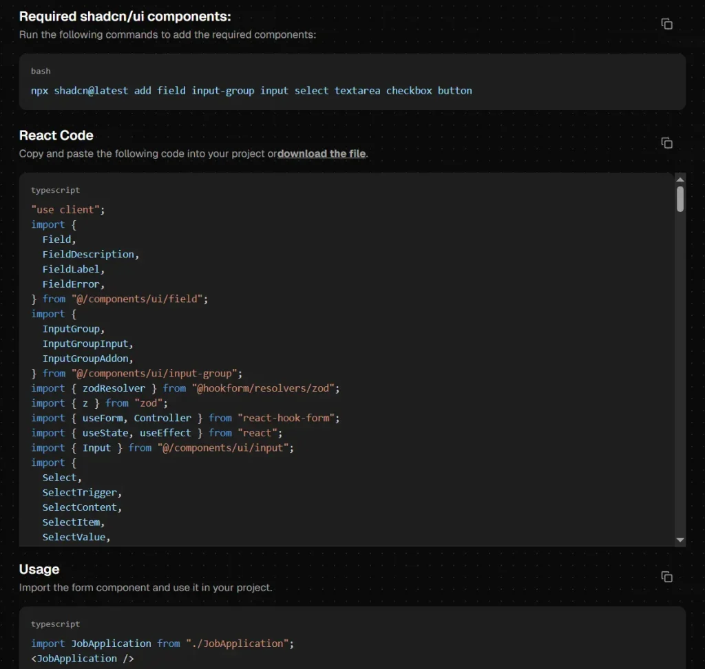 shadcn form builder export